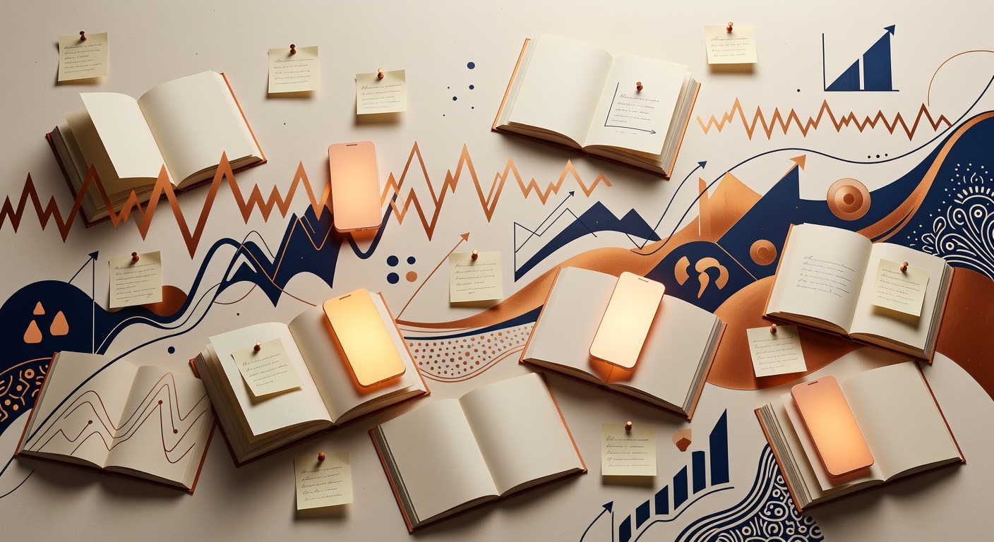 A crowded cultural conversation rendered through books and notes.